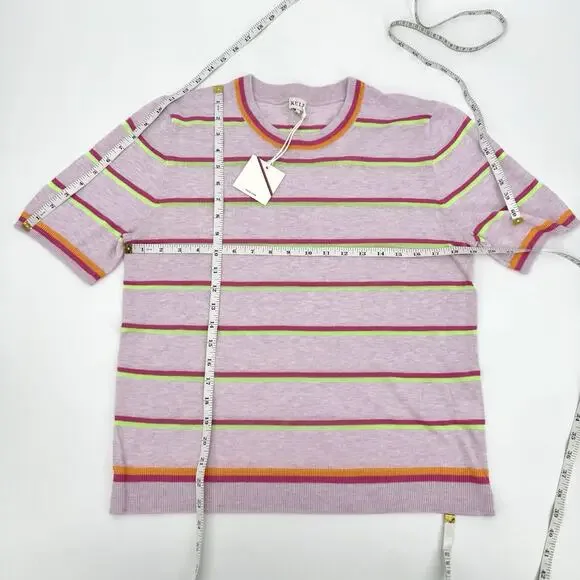 KULE Fine Knit Short Sleeve Top Lavender W/Stripes Linen Blend Size LARGE Preppy - Picture 9 of 9
